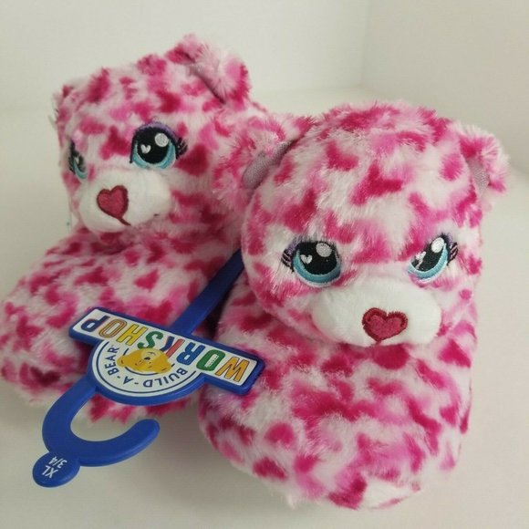 Build A Bear Workshop Kids Slippers Tiny Hearts Bea Plush Pink Sz XL 3/4 BAB New - Picture 9 of 12